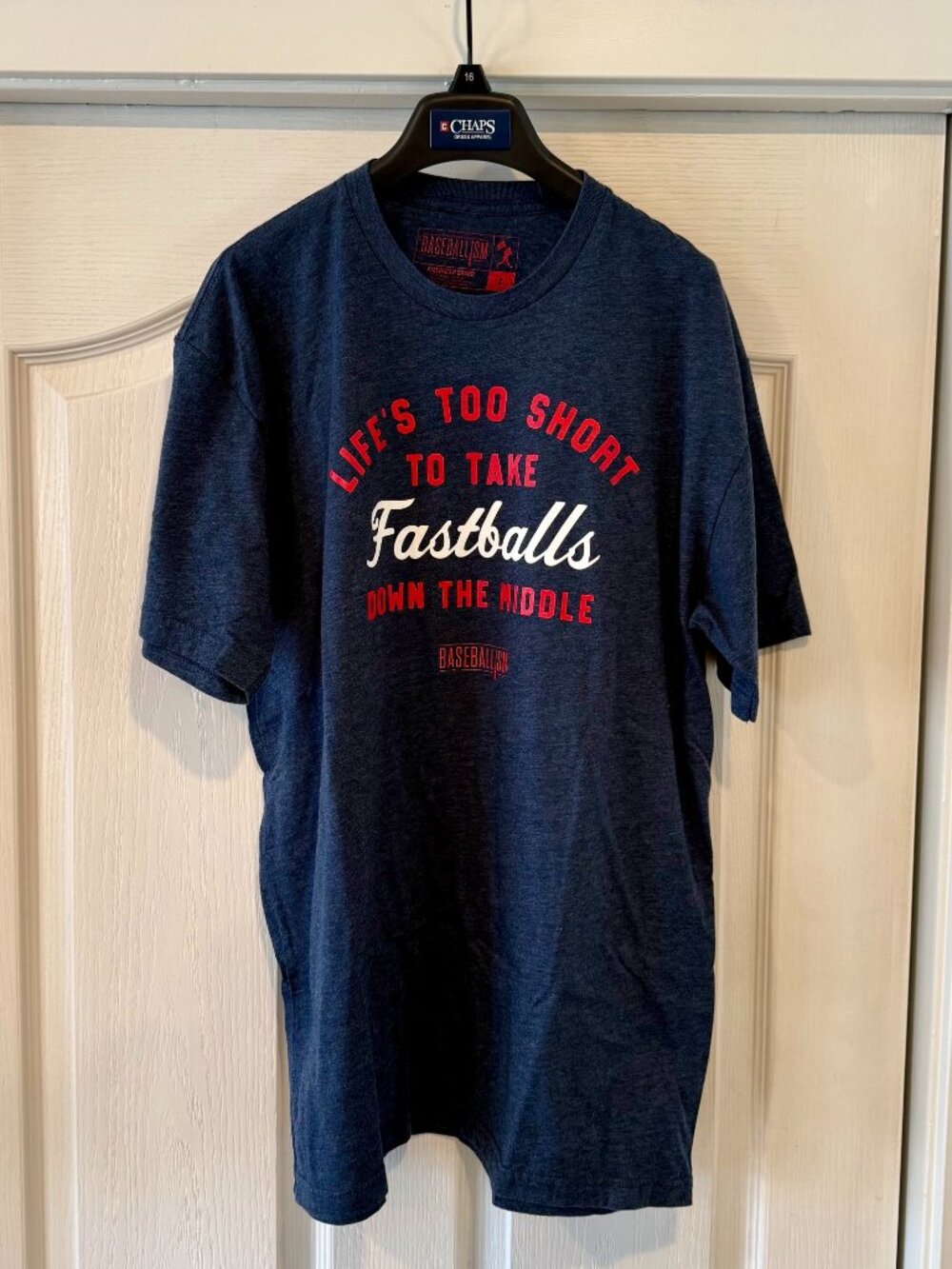 Baseballism T-Shirt: "Life's Too Short to Take Fastballs Down the Middle" Navy/L
